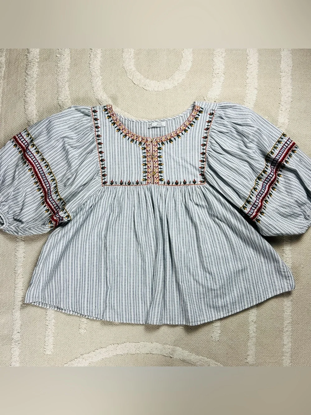 Zara TRF Embroidered Striped Peasant Blouse – Boho Blue & White – XL